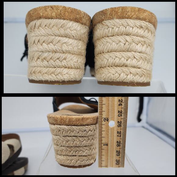 Ugg Sandals 8 Black Suede Leather Fringe Boho Peep Toe Wedges Mules Espadrille - Picture 11 of 14